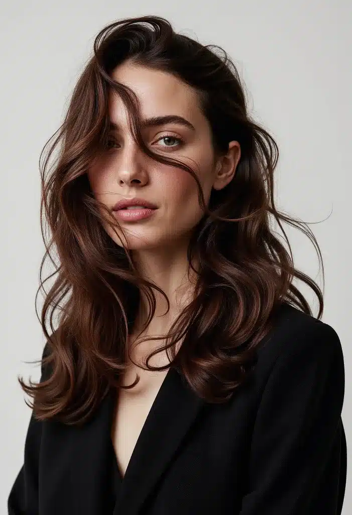 portrait beautiful woman with flowing brown hair