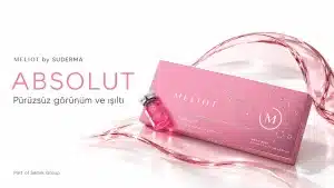 MELIOT Absolut ürün kutusu ve flakonu, pembe detaylarla hazırlanmış ışıltı odaklı bakım görseli