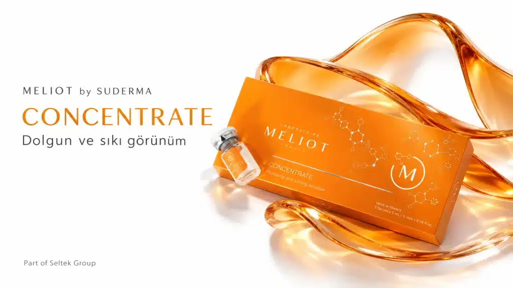 MELIOT Concentrate ürün kutusu ve flakonu, turuncu detaylarla hazırlanmış dolgun ve sıkı görünüm odaklı bakım görseli